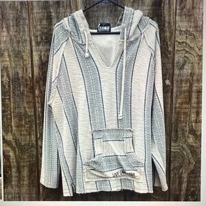 Live California Men's V-Neck Hooded Baja Sweater - Cream with Gray Stripes